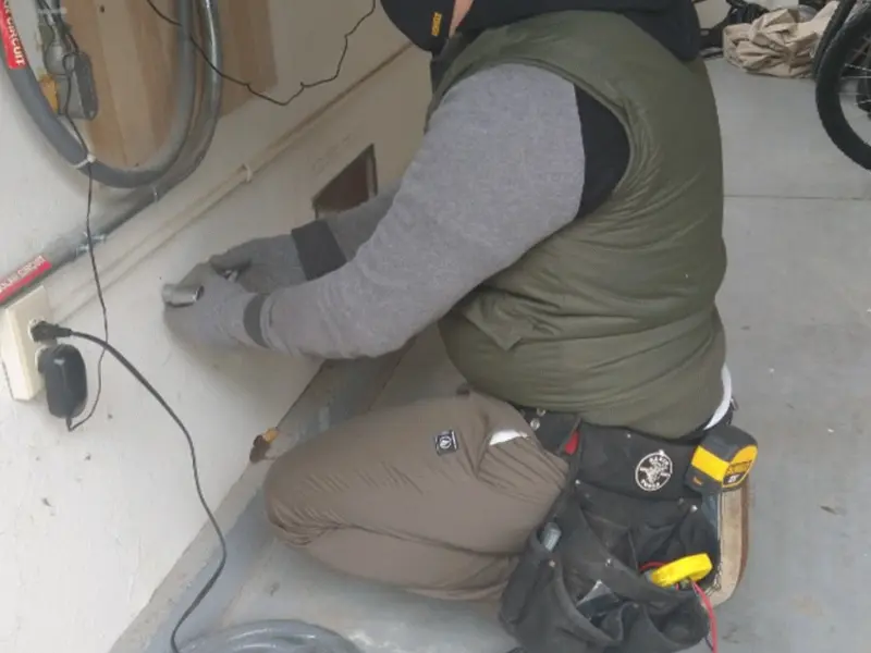 Electrician performing outlet wiring in a Breckenridge garage